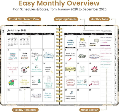 2026 Planner, Weekly and Monthly Planner for Women, January 2026 to December 2026, Pretty Hardcover 2026 Calendar Planner Book with Tabs, Inner Pocket, Spiral Bound, Perfect Office Home School Supplies - 6.3" x 8.5", Wild Rose