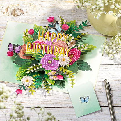 Happy Birthday Pop Up Card, Flowers and Butterflies, Floral 3D Greeting Card, Gift for Mom, Sister, Women, Grandma, Stepmother, Aunt, Daughter, 5x7 - Includes Envelope And Message Note