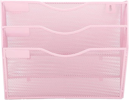 EASEPRES 3 Pocket Mesh Hanging Wall File Organizer, Wall Mounted Mail Paper Document Folder Holder, Clipboard Storage Organization Magazine Rack with Nametag Label for Office Home School, Pink