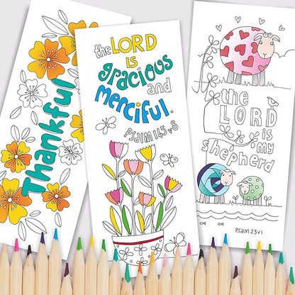 Christian Colouring Bookmarks, Psalms, Pack of 10 Different Designs, with Coloured Bible Verse on Reverse. Makes a Great Christian Gift for Adults or Children, by Just Cards Direct. (White/EPBM)