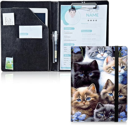 Padfolio Folder with Clipboard,Portfolios Organizer Clipboards with Storage Clipboard Writing Pad PU Leather Conference Document Organizer with Business Card Holder,Cute Cat