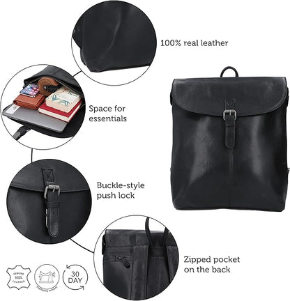 Gusti Leather Backpack for Men and Women - Kieran Leather Laptop Backpack, Genuine Goatskin Leather Bag, Spacious Interior with Snap Lock Closure, Black Leather Backpack for Women and Men, 11L