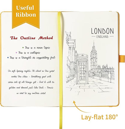 Blank Journal/Notebook - Classic Notebook/Journal with Ribbon Divider, Hardcover with Thick Paper, 5.3'' x 8.26'', Banded + Pen Holder +Inner Pocket - Yellow