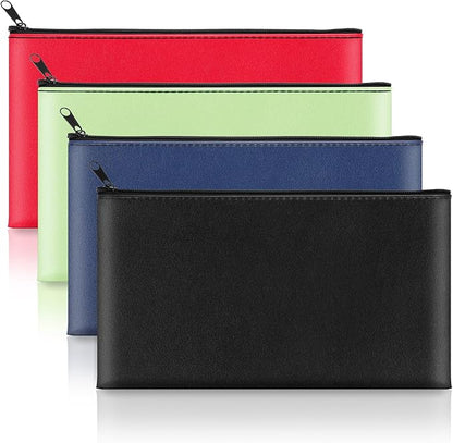 4 Pack Money Bags with Zipper, 11x6.1 Inch PU Leather Cash Pouch, Secure Bank Bag for Coins, Bills, Checks, Invoices, Cosmetics, Tools (Multi Color)