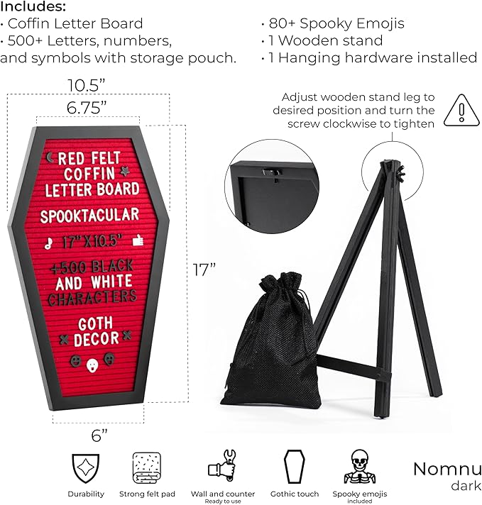 Coffin Letter Board Red With Spooky Emojis +500 Characters, and Wooden Stand - 17x10.5 Inches - Goth Valentines Gifts Horror Spooky Gothic Valentines Day Halloween Decor Decorations