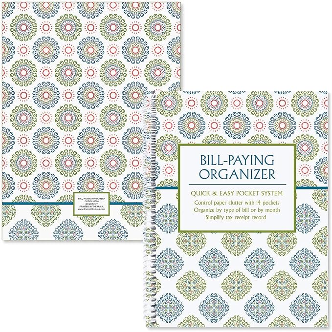 Fresh Patterns Bill Paying Organizer Book - Personal Account book, 9" by 12 inch, Spiral-Bound, 14 Pockets, 32 Label Stickers, Bill Tracking