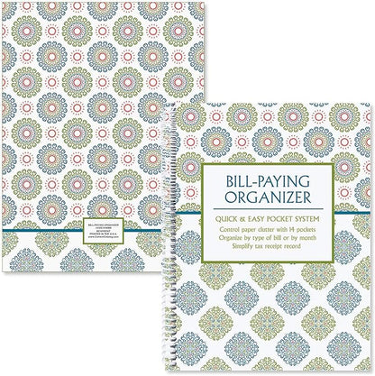 Fresh Patterns Bill Paying Organizer Book - Personal Account book, 9" by 12 inch, Spiral-Bound, 14 Pockets, 32 Label Stickers, Bill Tracking