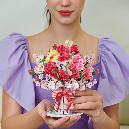 Paper Love 3D Lovely Bouquet Pop Up Flower Bouquet Card, With Detachable Popup Keepsake, Gift for Birthday, All Occasions - Oversized 10" x 7" Cover - Includes Envelope and Note Tag