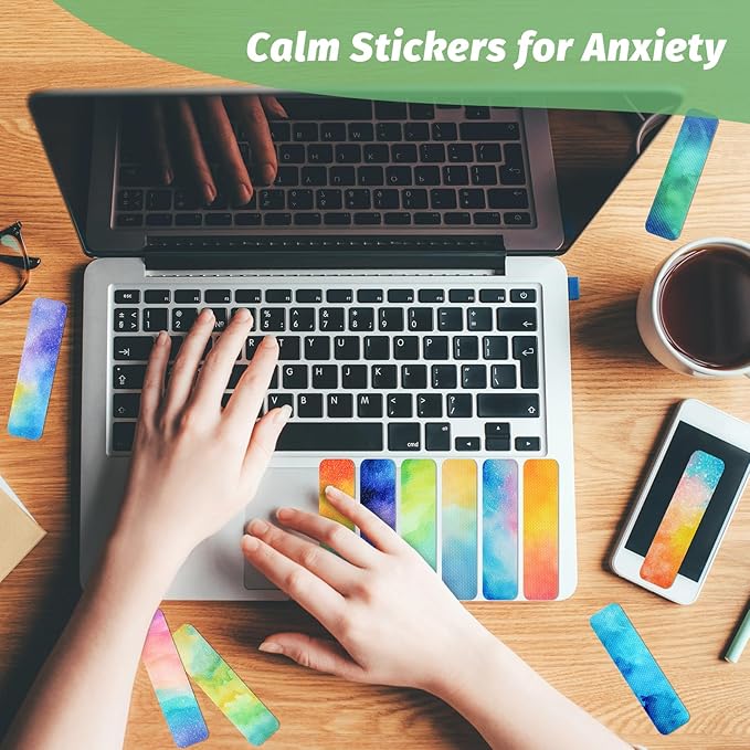72 Pieces Anxiety Sensory Stickers with Storage Box - Calming Stickers 2 Textured Surface - Fidget Strips for Office & Classroom Desk Adult & Teen Stress (Watercolor)