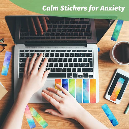 72 Pieces Anxiety Sensory Stickers with Storage Box - Calming Stickers 2 Textured Surface - Fidget Strips for Office & Classroom Desk Adult & Teen Stress (Watercolor)