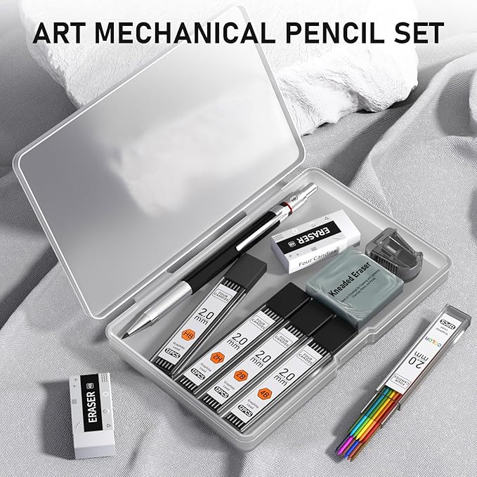Four Candies 2MM Mechanical Pencil Set with case, Artist Lead Pencil Metal Lead Holder with 60PCS Graphite Lead Refill (HB, 2H, 2B, 4B, Color) kneaded eraser, Sharpener for Writing, Drawing, Sketching