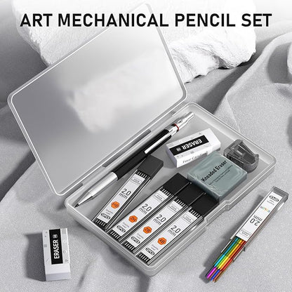 Four Candies 2MM Mechanical Pencil Set with case, Artist Lead Pencil Metal Lead Holder with 60PCS Graphite Lead Refill (HB, 2H, 2B, 4B, Color) kneaded eraser, Sharpener for Writing, Drawing, Sketching