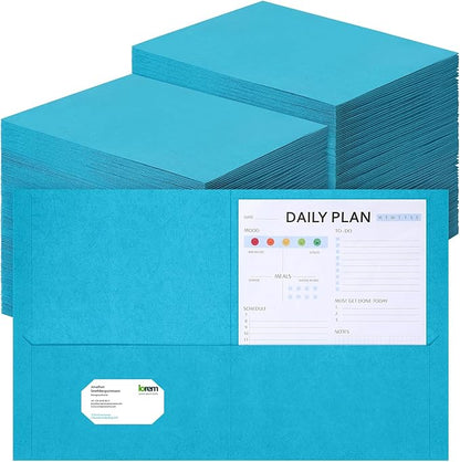 Harloon Lake Blue Two Pocket Portfolio Folders Bulk, 8.5 x 11 Inches Textured Paper with Business Card Slot Letter Size File Folders for Office School Classroom (75 Pack)