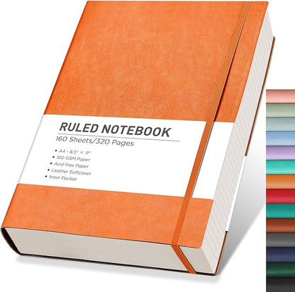 RETTACY Journaling Notebooks, A4 Lined Notebook Journal with 320 Pages, 8.5" × 11", Large Size, Notebook Journal for Work, School, Writing, Leather Softcover, 100 GSM Thick Paper (Orange)
