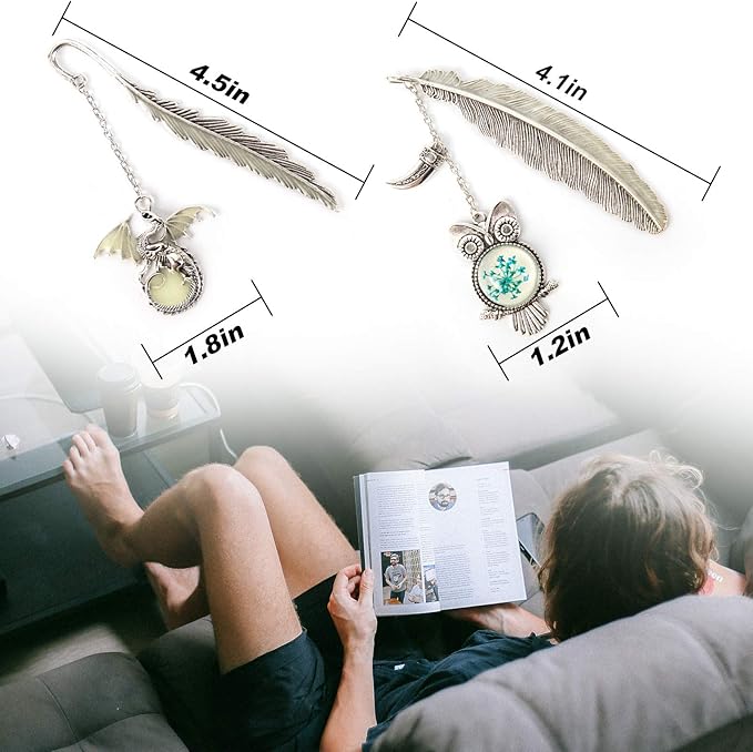 Vintage Feather Metal Bookmark, Unique Glow in The Dark Bookmark Gift for Men Women (Antique Silver Owl)