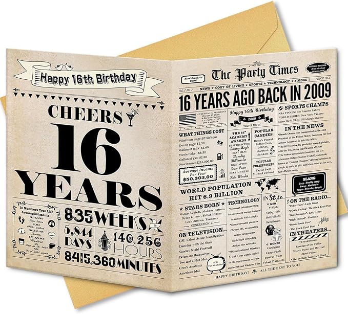 16th Birthday Card, 16th Birthday Decorations for Girls Boys, 16th Birthday Gifts for Son Daughter, Back in 2009 Birthday Card