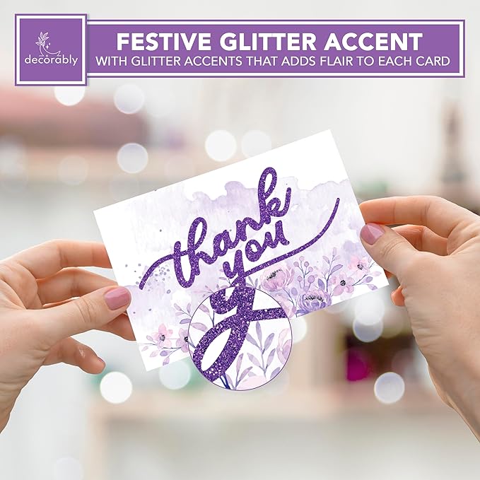 Decorably 24 Pack Glittery 6x4in Purple Thank You Cards with Envelopes and Stickers, 6 Elegant Designs Purple Thank You Notes, Blank Inside - Wedding, Baby Shower