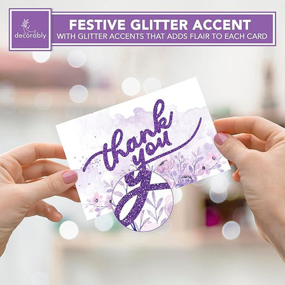 Decorably 24 Pack Glittery 6x4in Purple Thank You Cards with Envelopes and Stickers, 6 Elegant Designs Purple Thank You Notes, Blank Inside - Wedding, Baby Shower