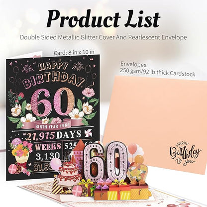 60th Birthday Card for Women Her, Jumbo Pop Up 60th Birthday Cards for Wife Mom, Happy 60th Birthday Decorations for 60 Year Old Women Funny Birthday Gifts, Review of 1965, Pink