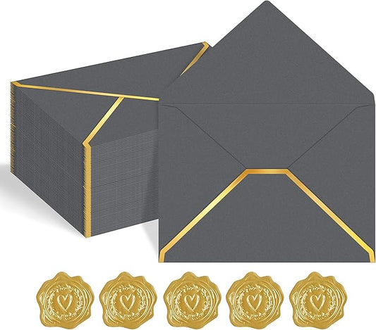 60 Pack Gold Envelopes 5x7 Silver Gray, 250G Pearled Cardstock A7 Envelopes for Invitations Business Mailing Envelope with Gold Foil Border, A6 4x6 Envelopes for Wedding Baby Shower Cards