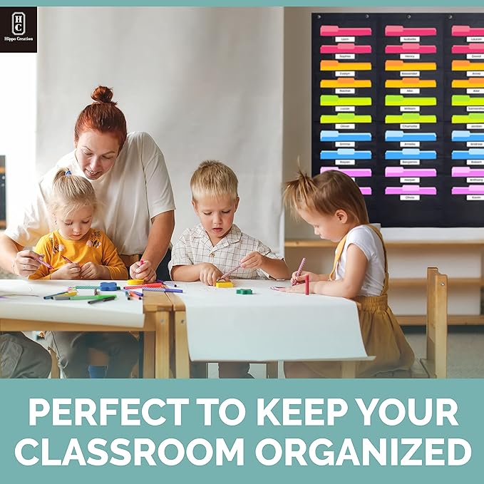 Hippo Creation Heavy Duty Storage Pocket Chart for Classroom, 30 Pocket Storage Organizer with 5 Over-Door Hangers, Hanging Wall Organizer for File Folders, School Mailbox, Home Office Papers - Black