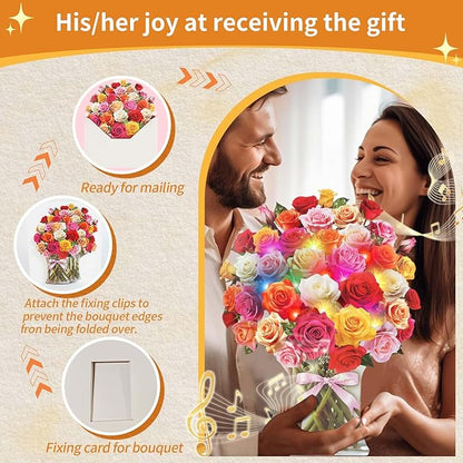 Paper Pop Up Cards, Paper Flower Bouquet 3D Card, Rose Bouquet Greeting Cards with Music and Colorful Lights, Holiday Anniversary Mother's Day Birthday Bouquet Decoration Flower Gift Card