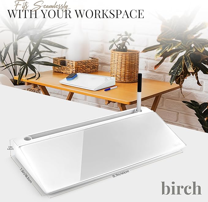Birch Desktop Whiteboard with Storage & Multiple Markers Surface Desktop Glass Dry Erase Board Desk Top White Board Dry Erase Notepad Desk White Board Tabletop Desk Whiteboard (Cloud)