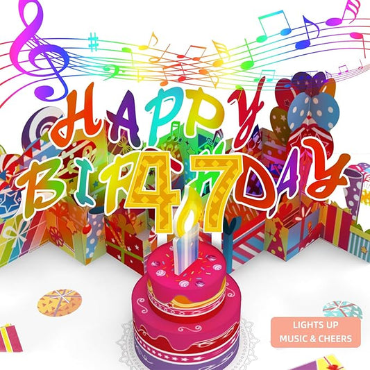 Gumry 47TH Musical Birthday PopUp Card, Blowable Colorful Light Candle 3D Cards with Song, Applause Cheers Sound, Greeting Cards Birthday Gifts Decorations for Women Men Turning 47 Years Old