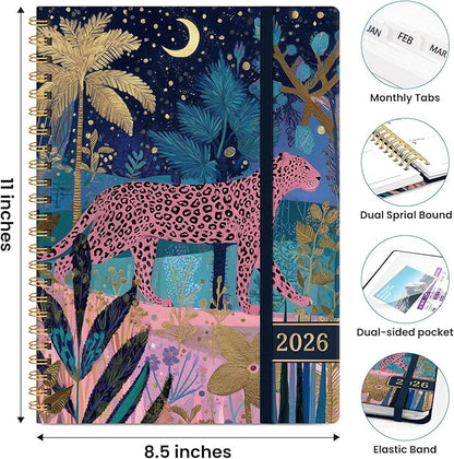 2026 Planner, Weekly and Monthly Planner for Women, January 2026 to December 2026, Pretty Hardcover 2026 Calendar Planner Book with Tabs, Inner Pocket, Spiral Bound, Perfect Office Home School Supplies - 8.5" x 11", Midnight Jungle