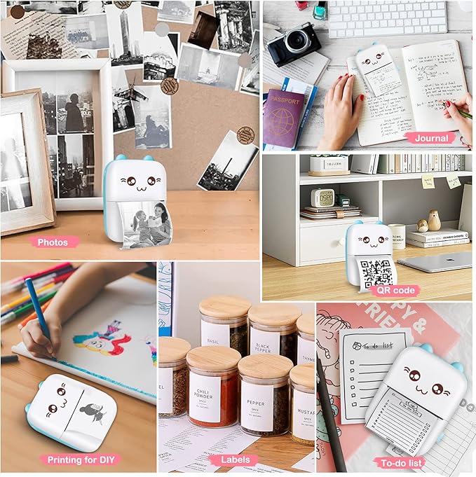 Mini Sticker Printer, Inkless Thermal Printer with 10 Rolls Paper, Portable Bluetooth Pocket Printers for Photo Journal Notes Memo, Compatible with Phone Android or iOS