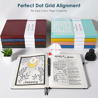 Dotted Journal Notebook, 312 Numbered Pages Large B5 Hardcover Leather Notebook, 100gsm No Bleed Paper Dot Grid Notebook with Index Pages, Dot Journal for Women Men, 7.6'' X 10'', Grey Blue