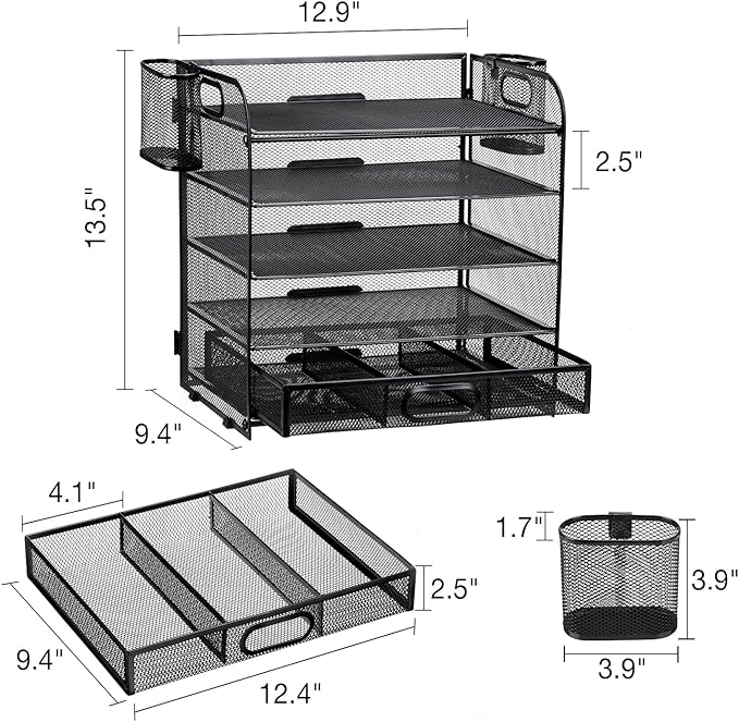 5-Tier Letter Tray Desk Organizer with Drawer and Pen Holder, Mesh File Organizer with Handle, Office Supplies Document Paper Sorter Desk Organization for Home Office, Black