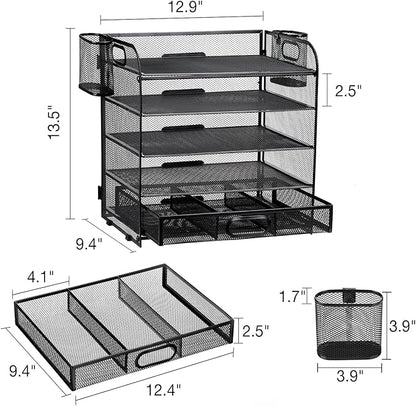 5-Tier Letter Tray Desk Organizer with Drawer and Pen Holder, Mesh File Organizer with Handle, Office Supplies Document Paper Sorter Desk Organization for Home Office, Black