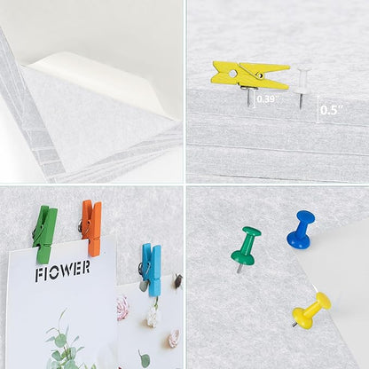 AKTOP White Cork Bulletin Board 12x12, 1/2" Thick Felt Cork Board Tiles 6 Pack, Small Square Pin Board for Wall, Self Adhesive Corkboards with 60 Push Pin Wood Clips for School, Home & Office