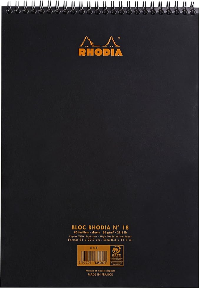 RHODIA 185019C - Spiral Notebook (Full Bound) Black - A4 - Lined - 80 Detachable Sheets - White Clairefontaine Paper 80 g/m - Soft and Resistant Coated Card Cover - Classic