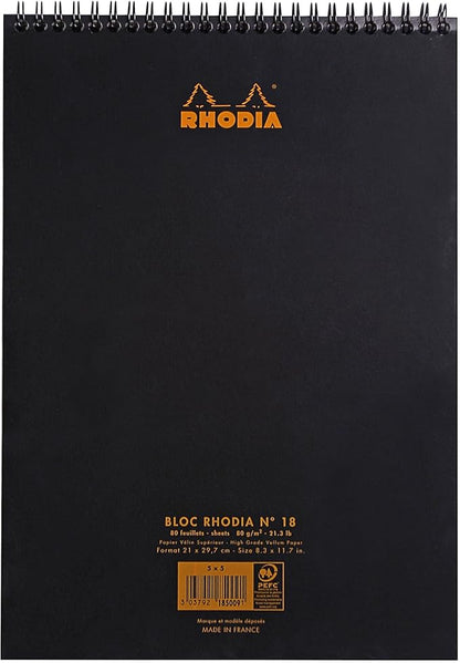 RHODIA 185019C - Spiral Notebook (Full Bound) Black - A4 - Lined - 80 Detachable Sheets - White Clairefontaine Paper 80 g/m - Soft and Resistant Coated Card Cover - Classic