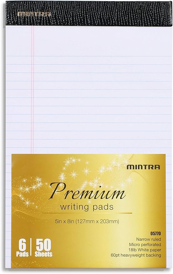 Mintra Office Legal Pads - ((PREMIUM WHITE 6pk, 5in x 8in, NARROW RULED)) - 50 Sheets per Notepad, Micro perforated Writing Pad, Notebook Paper for School, College, Office, Professionalm - Heavyweight