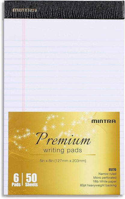 Mintra Office Legal Pads - ((PREMIUM WHITE 6pk, 5in x 8in, NARROW RULED)) - 50 Sheets per Notepad, Micro perforated Writing Pad, Notebook Paper for School, College, Office, Professionalm - Heavyweight