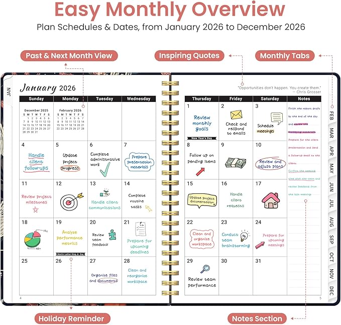 2026 Planner, Weekly and Monthly Planner for Women, January 2026 to December 2026, Pretty Hardcover 2026 Calendar Planner Book with Tabs, Inner Pocket, Spiral Bound, Perfect Office Home School Supplies - 6.3" x 8.5", Flutter Bloom