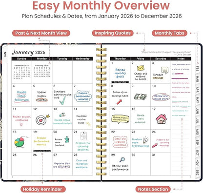 2026 Planner, Weekly and Monthly Planner for Women, January 2026 to December 2026, Pretty Hardcover 2026 Calendar Planner Book with Tabs, Inner Pocket, Spiral Bound, Perfect Office Home School Supplies - 6.3" x 8.5", Flutter Bloom