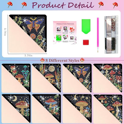 Diamond Art Painting Bookmarks,8Pcs DIY Cute Diamond Art Kits for Adults, Corner Bookmarks Small Crafts Kit for Women Book Lovers (Mushroom)