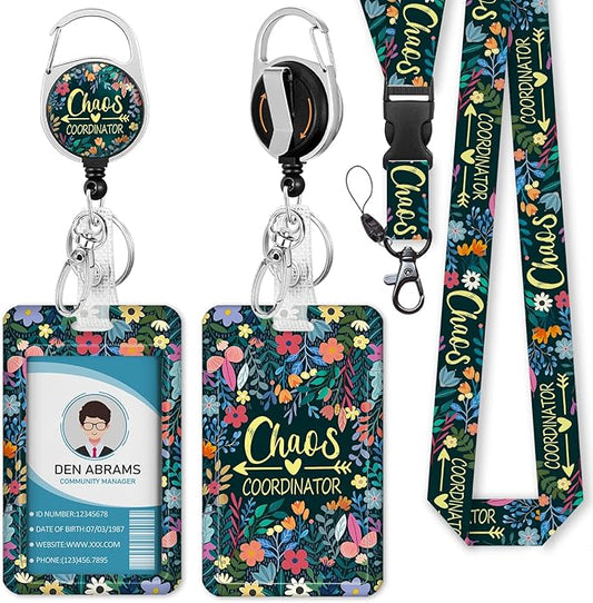 Lanyards for Id Badges, Funny Badge Holder with Retractable Reel Belt Clip, Chaos Coordinator Work Name Tag Lanyard Vertical ID Card Protector Case for Women Nurse Doctor Teacher Student