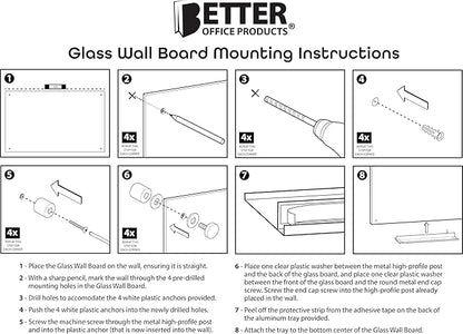 Real Glass Dry Erase Monthly Calendar, Extra Large 24" x 36", Tempered Glass Surface, Frameless Wall Mount, with 4 Assorted Color Markers and Eraser, by Better Office Products (Bright White)