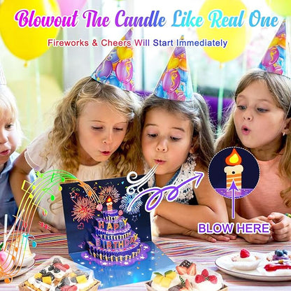 Fireworks Birthday Cards, 3D Pop Up Blowable Cake Greeting Cards with Lights Music, Happy Birthday Gifts for Women Men Kids Mom Dad Grandma
