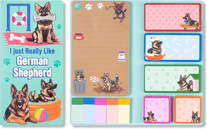 B1ykin Sticky Notes Set - Cartoon Theme Cute Self-Stick Notes Pad Teacher Appreciation Gifts， Self-Adhesive Writing Memo Pages Sticky to Do Notepad for Kids Employee School Office (German Shepherd)