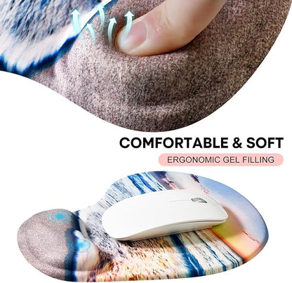 JIKIOU Mouse Pad, 2 Pack Ergonomic Mouse Pads with Comfortable Gel Wrist Rest Support and Lycra Cloth, Non-Slip PU Base for Easy Typing Pain Relief Durable and Easy to Clean Small Beach
