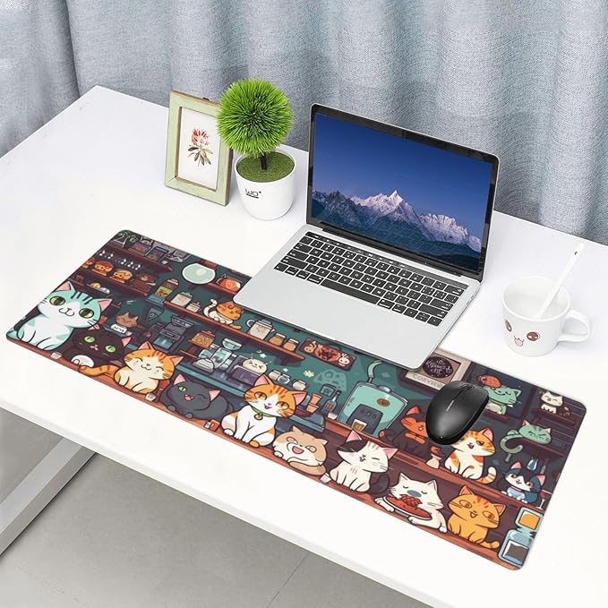Gaming Mouse Pad Desk Pad,Extended Big Mouse Pad,31.5x11.8 Inch Long Computer Keyboard Mouse Mat Mousepad with 3mm Non-Slip Base and Stitched Edge for Gaming and Office… (cat)
