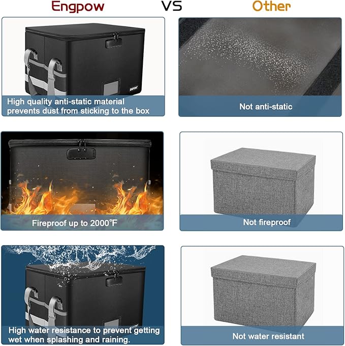 ENGPOW File Box with Lock, Fireproof Document Box with Inserts,Collapsible File Storage Organizer Box Filing Box with Handle,Portable Home Office Safe Box for Hanging Letter/Legal Folder,2 Pack
