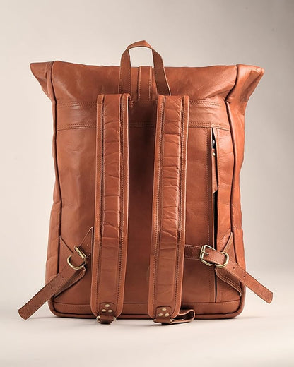Genuine Leather Backpack for Men, Large Roll Top Backpack, Laptop Bookbag, Roll On Vintage Rucksack for College, Work & Travel, Brown, X-Large - 17.3 Inch