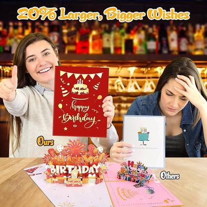 Birthday Card | Musical Pop Up Greeting Card w Light | Blow Out LED Light Candle & Play Happy Birthday Music Pop Up Card | Greeting Cards Gifts for Him or Her | Red Gold (Blowable Candle)